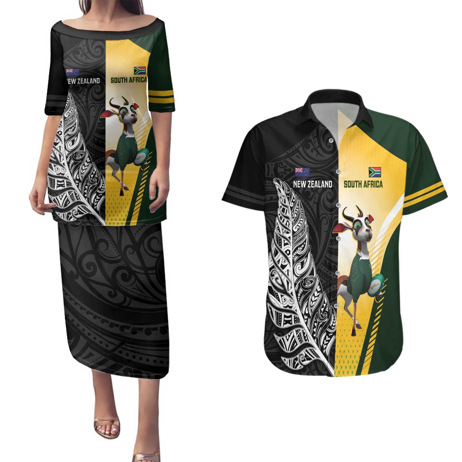 New Zealand and South Africa Rugby Custom Couples Matching Puletasi and Hawaiian Shirt Maori Silver Fern Springbok Together - Aussie Hoodie