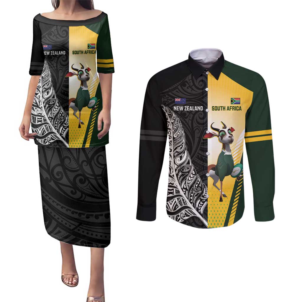 New Zealand and South Africa Rugby Custom Couples Matching Puletasi and Long Sleeve Button Shirt Maori Silver Fern Springbok Together - Aussie Hoodie