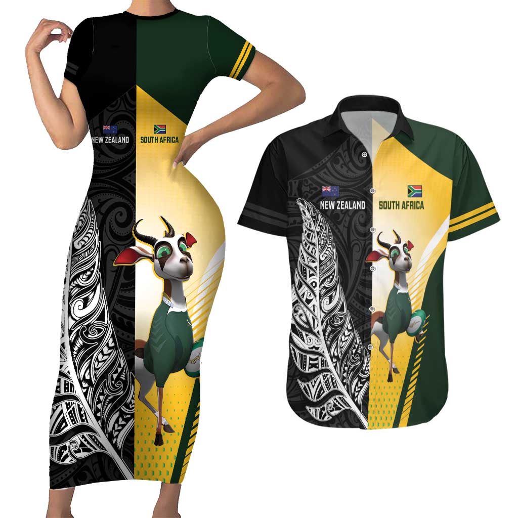 New Zealand and South Africa Rugby Custom Couples Matching Short Sleeve Bodycon Dress and Hawaiian Shirt Maori Silver Fern Springbok Together - Aussie Hoodie
