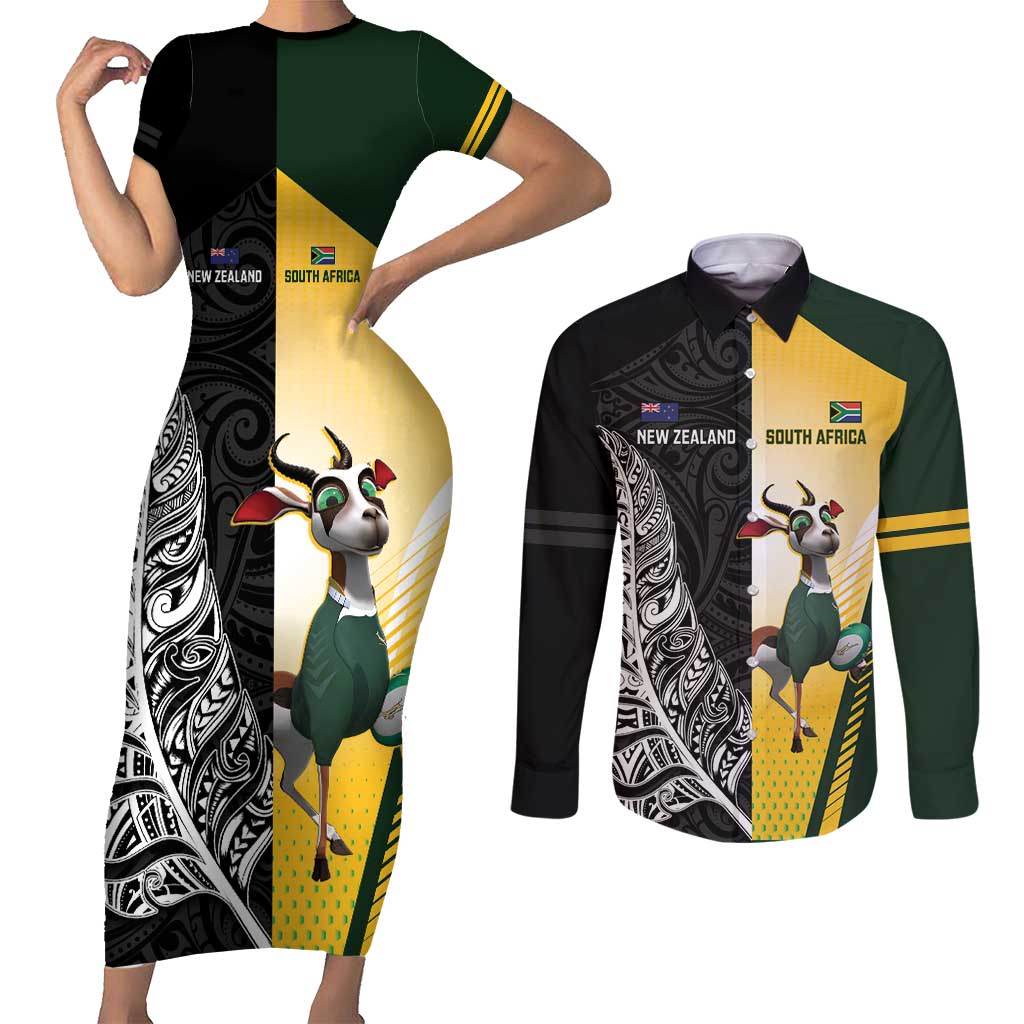 New Zealand and South Africa Rugby Custom Couples Matching Short Sleeve Bodycon Dress and Long Sleeve Button Shirt Maori Silver Fern Springbok Together - Aussie Hoodie
