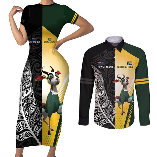 New Zealand and South Africa Rugby Custom Couples Matching Short Sleeve Bodycon Dress and Long Sleeve Button Shirt Maori Silver Fern Springbok Together - Aussie Hoodie