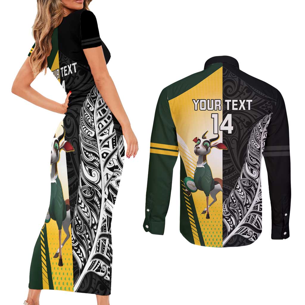 New Zealand and South Africa Rugby Custom Couples Matching Short Sleeve Bodycon Dress and Long Sleeve Button Shirt Maori Silver Fern Springbok Together - Aussie Hoodie