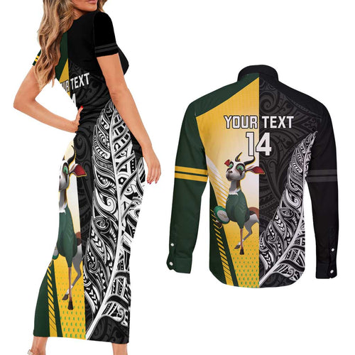 New Zealand and South Africa Rugby Custom Couples Matching Short Sleeve Bodycon Dress and Long Sleeve Button Shirt Maori Silver Fern Springbok Together - Aussie Hoodie