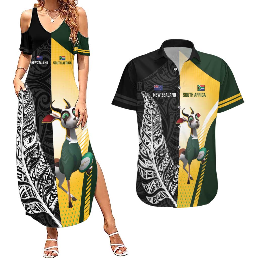 New Zealand and South Africa Rugby Custom Couples Matching Summer Maxi Dress and Hawaiian Shirt Maori Silver Fern Springbok Together - Aussie Hoodie