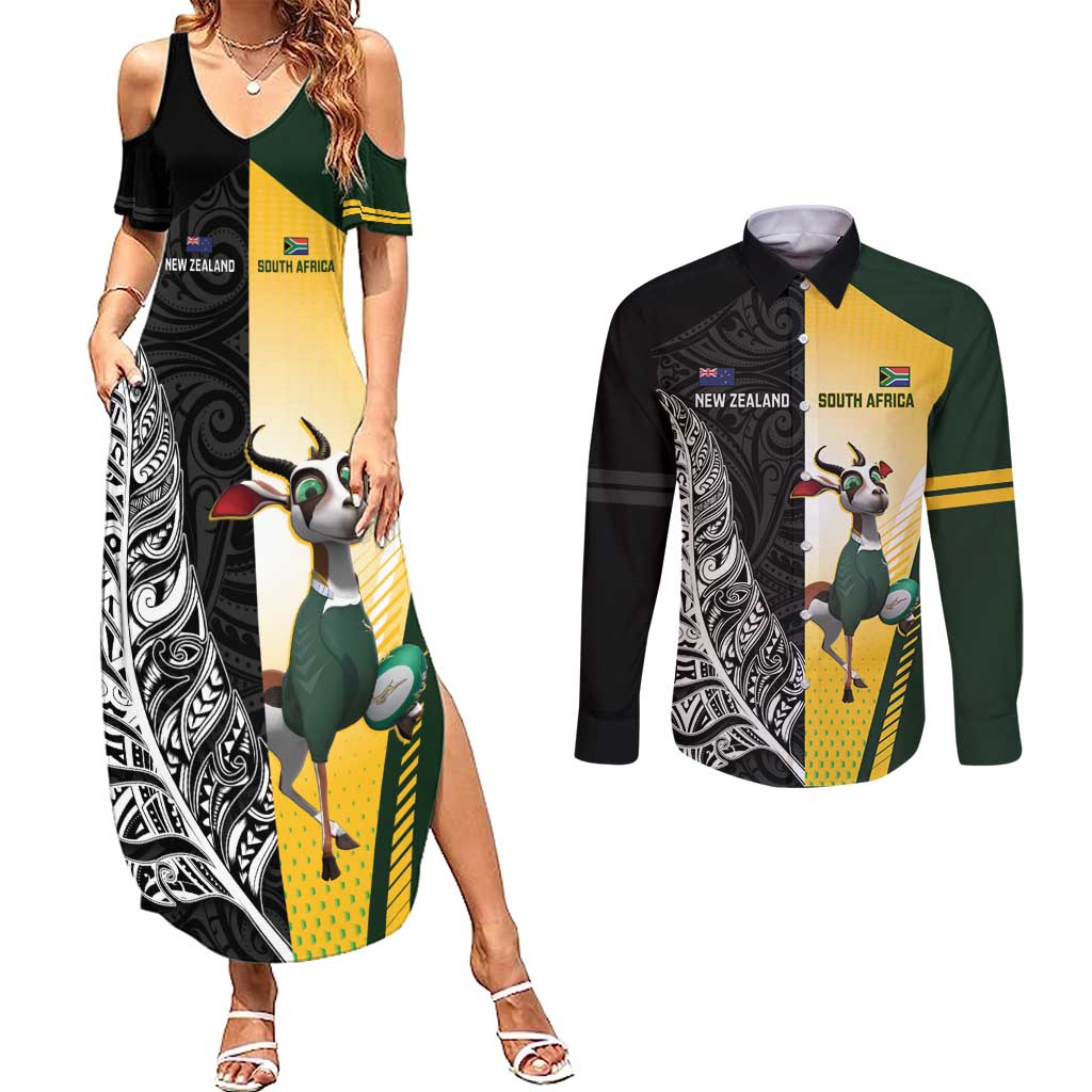 New Zealand and South Africa Rugby Custom Couples Matching Summer Maxi Dress and Long Sleeve Button Shirt Maori Silver Fern Springbok Together - Aussie Hoodie