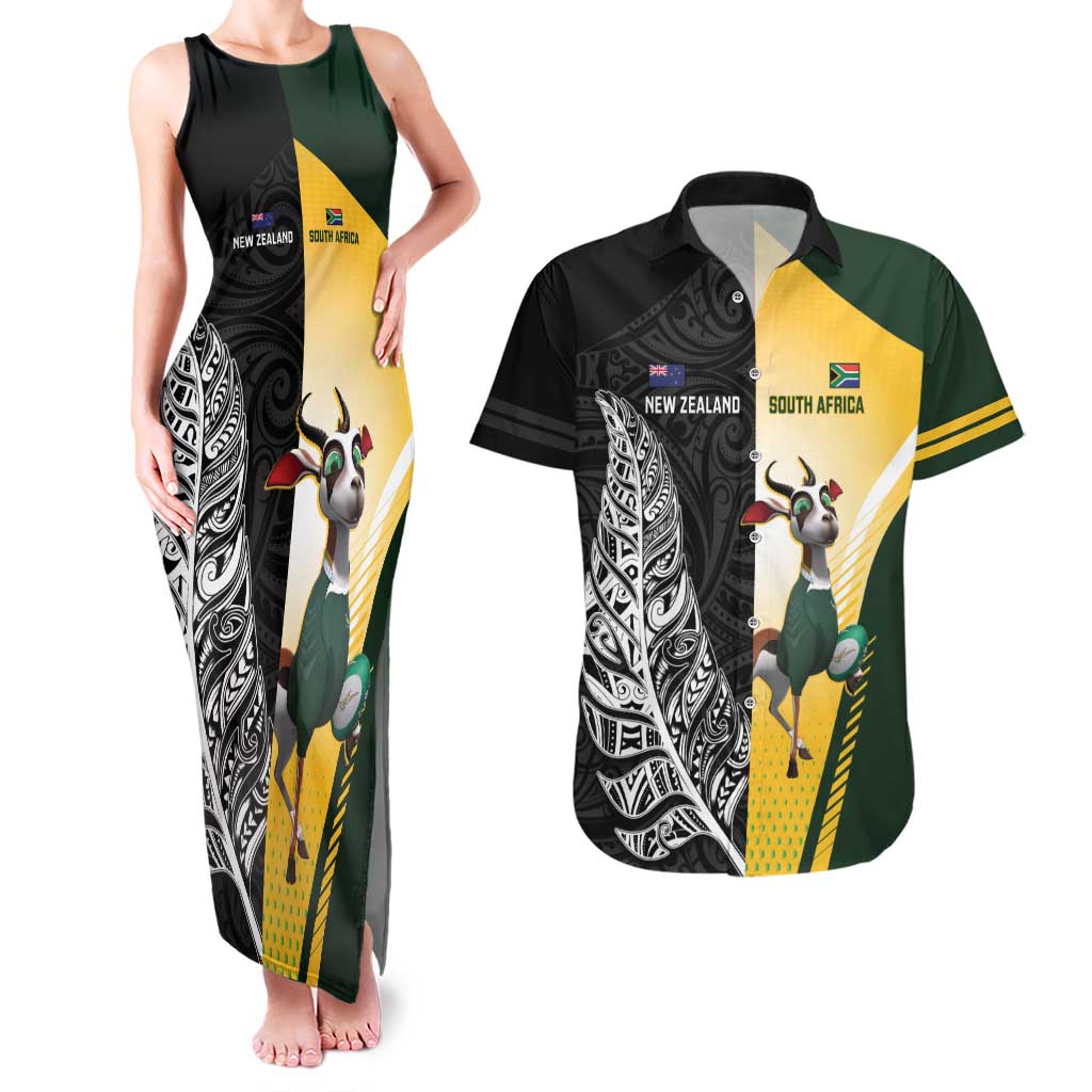 New Zealand and South Africa Rugby Custom Couples Matching Tank Maxi Dress and Hawaiian Shirt Maori Silver Fern Springbok Together - Aussie Hoodie