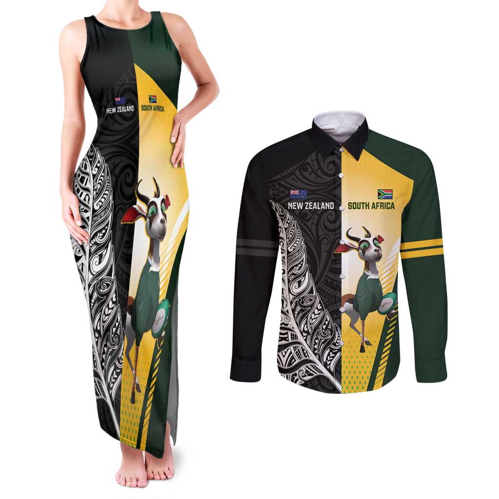 New Zealand and South Africa Rugby Custom Couples Matching Tank Maxi Dress and Long Sleeve Button Shirt Maori Silver Fern Springbok Together - Aussie Hoodie