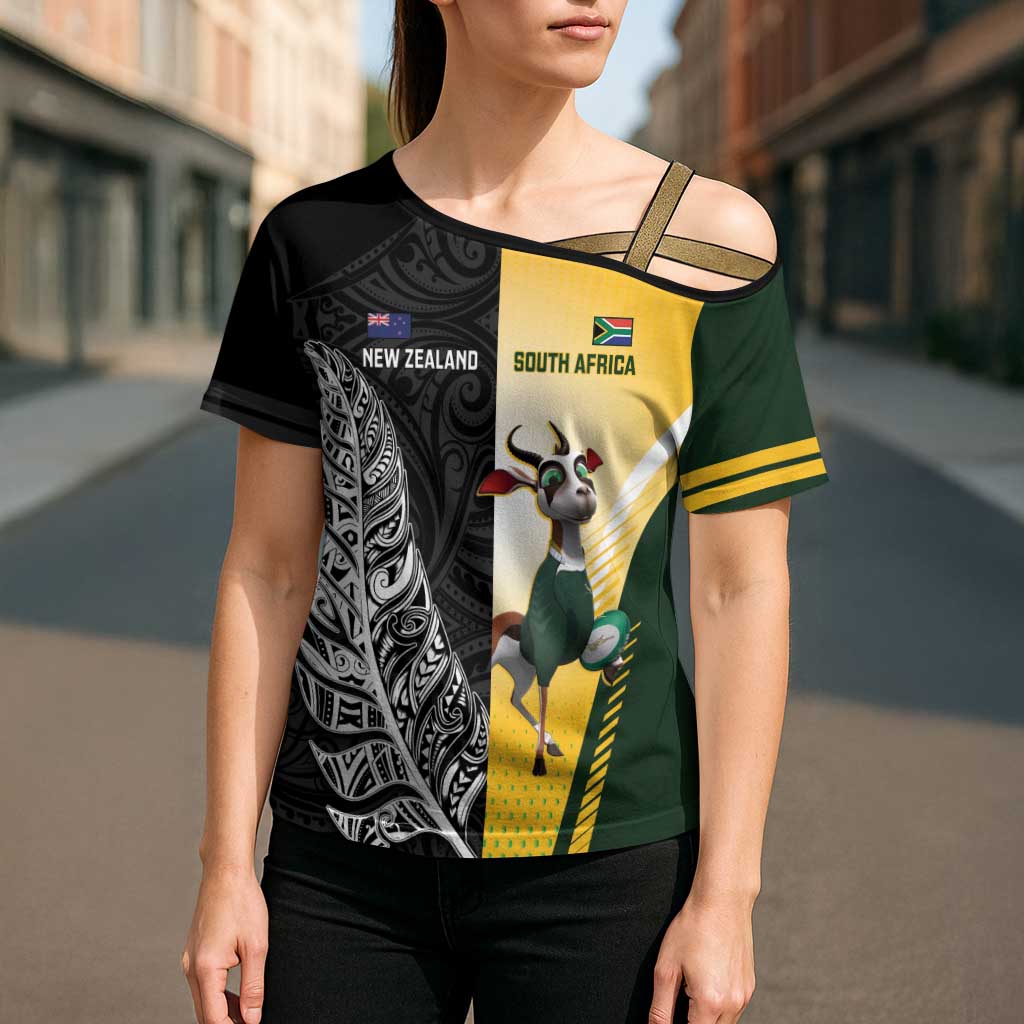 New Zealand and South Africa Rugby Custom Cross Shoulder Shirt Maori Silver Fern Springbok Together - Aussie Hoodie