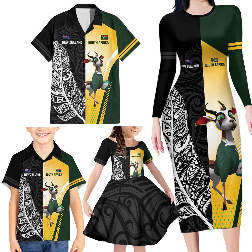 New Zealand and South Africa Rugby Custom Family Matching Long Sleeve Bodycon Dress and Hawaiian Shirt Maori Silver Fern Springbok Together - Aussie Hoodie