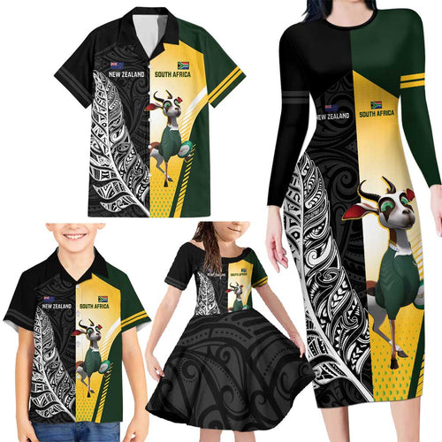 New Zealand and South Africa Rugby Custom Family Matching Long Sleeve Bodycon Dress and Hawaiian Shirt Maori Silver Fern Springbok Together - Aussie Hoodie