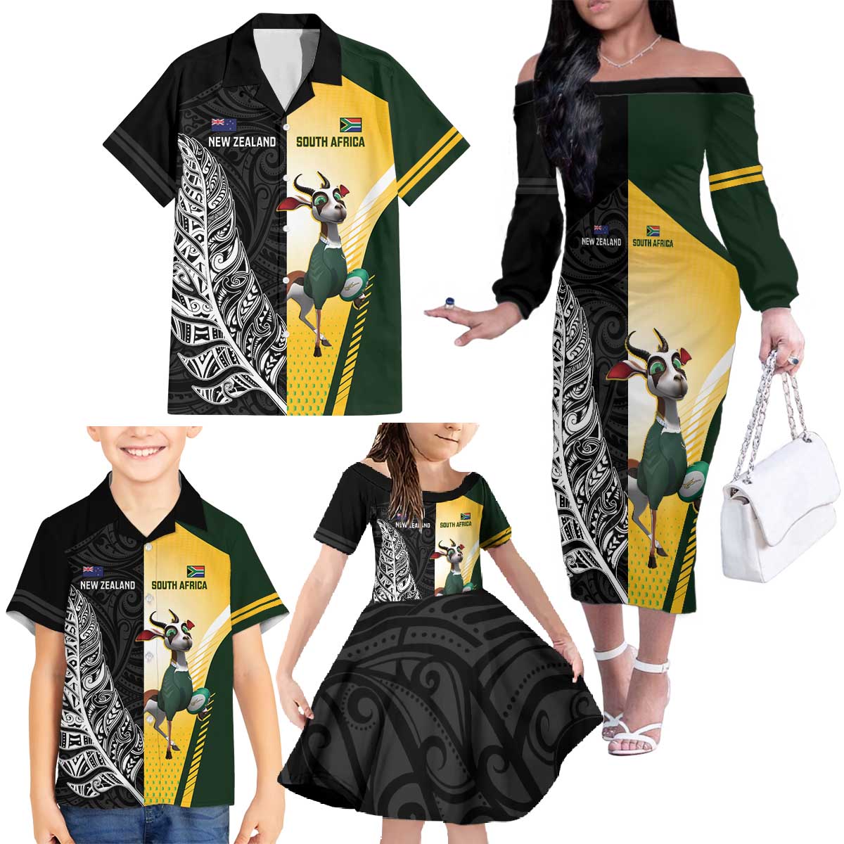 New Zealand and South Africa Rugby Custom Family Matching Off The Shoulder Long Sleeve Dress and Hawaiian Shirt Maori Silver Fern Springbok Together - Aussie Hoodie