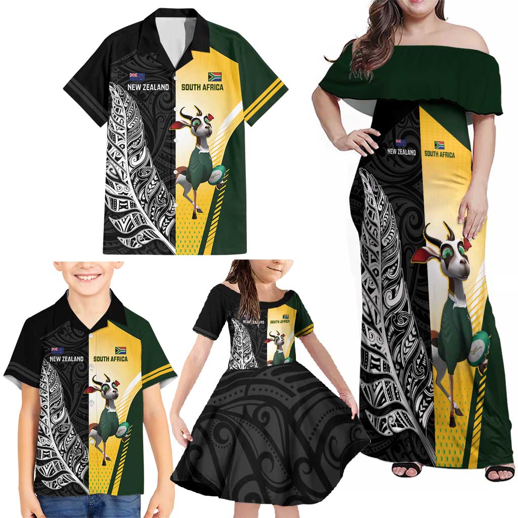 New Zealand and South Africa Rugby Custom Family Matching Off Shoulder Maxi Dress and Hawaiian Shirt Maori Silver Fern Springbok Together - Aussie Hoodie