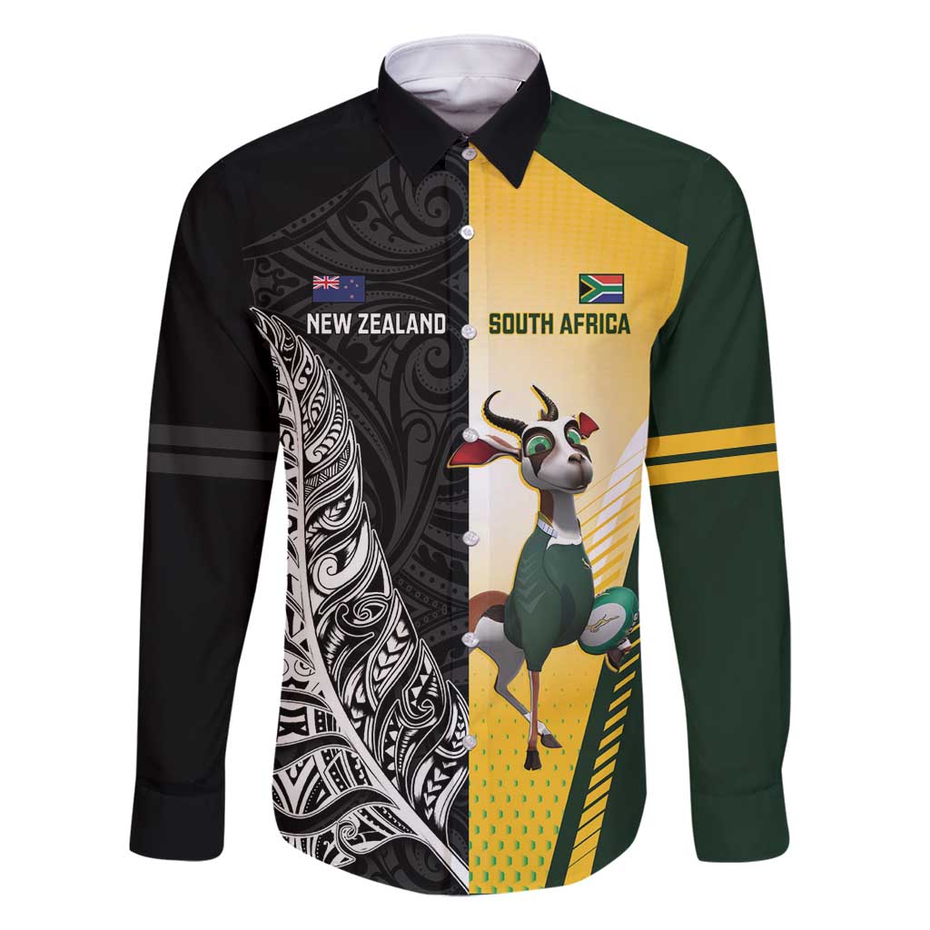 New Zealand and South Africa Rugby Custom Family Matching Off Shoulder Maxi Dress and Hawaiian Shirt Maori Silver Fern Springbok Together - Aussie Hoodie