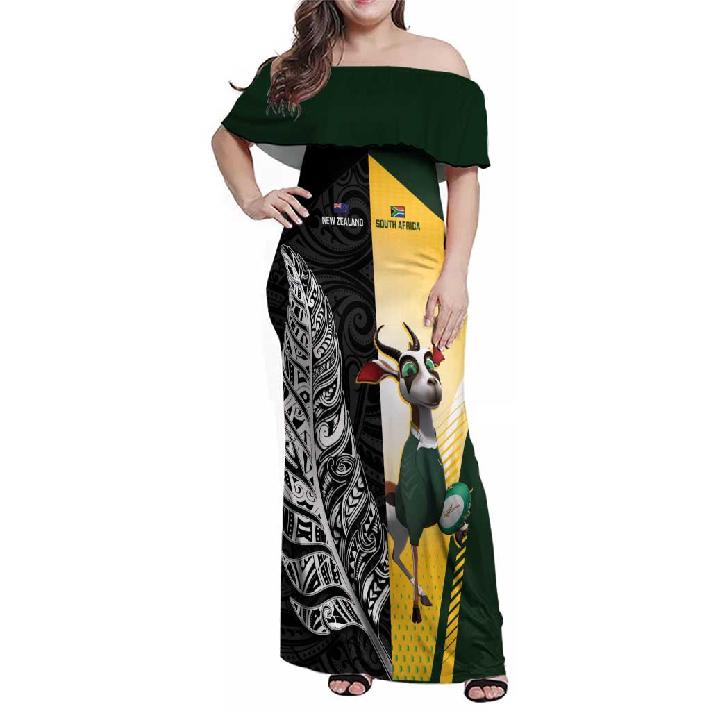 New Zealand and South Africa Rugby Custom Family Matching Off Shoulder Maxi Dress and Hawaiian Shirt Maori Silver Fern Springbok Together - Aussie Hoodie