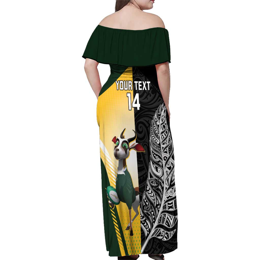 New Zealand and South Africa Rugby Custom Family Matching Off Shoulder Maxi Dress and Hawaiian Shirt Maori Silver Fern Springbok Together - Aussie Hoodie