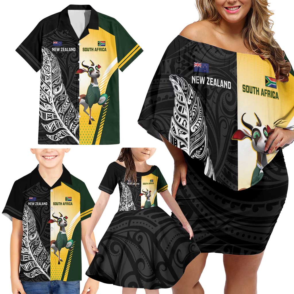 New Zealand and South Africa Rugby Custom Family Matching Off Shoulder Short Dress and Hawaiian Shirt Maori Silver Fern Springbok Together - Aussie Hoodie