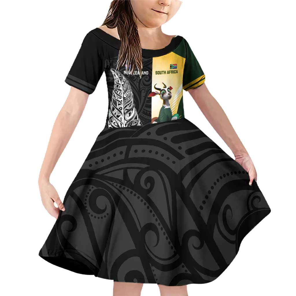 New Zealand and South Africa Rugby Custom Family Matching Off Shoulder Short Dress and Hawaiian Shirt Maori Silver Fern Springbok Together - Aussie Hoodie