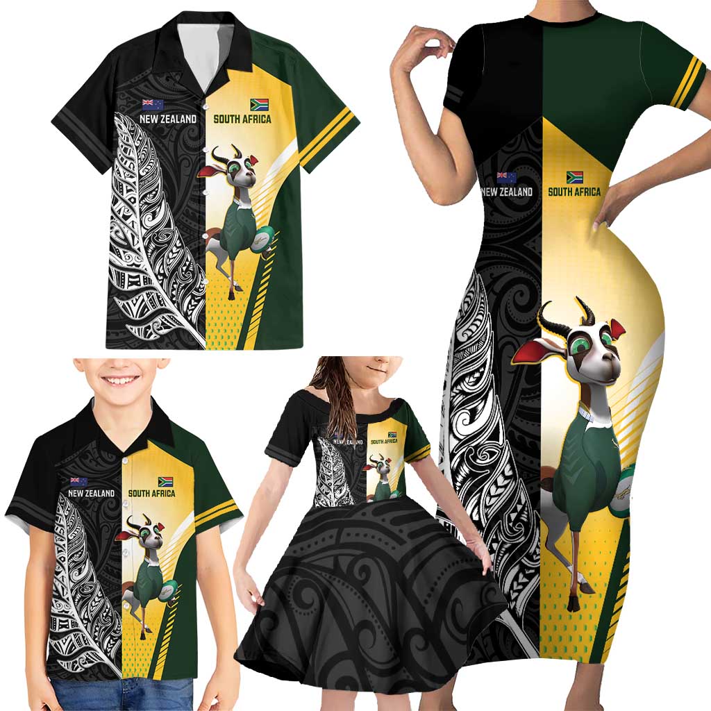 New Zealand and South Africa Rugby Custom Family Matching Short Sleeve Bodycon Dress and Hawaiian Shirt Maori Silver Fern Springbok Together - Aussie Hoodie