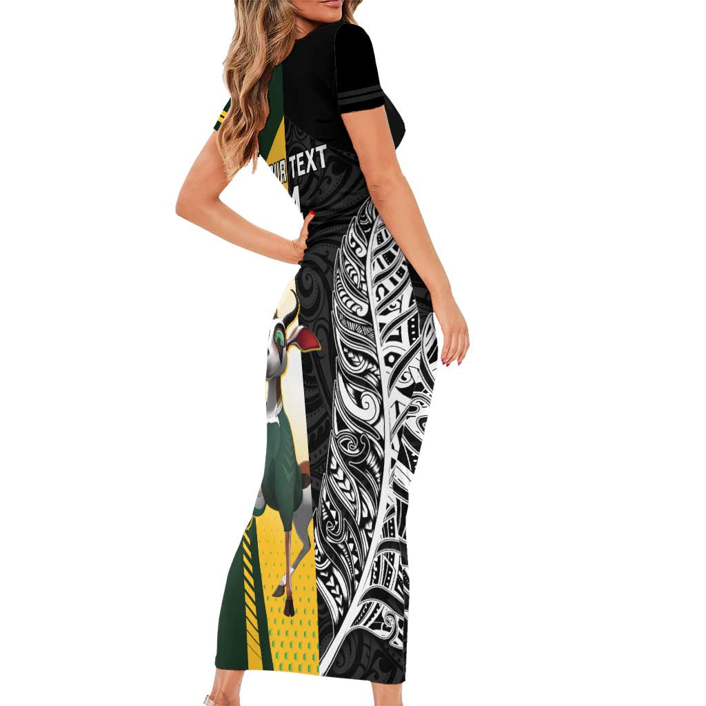New Zealand and South Africa Rugby Custom Family Matching Short Sleeve Bodycon Dress and Hawaiian Shirt Maori Silver Fern Springbok Together - Aussie Hoodie
