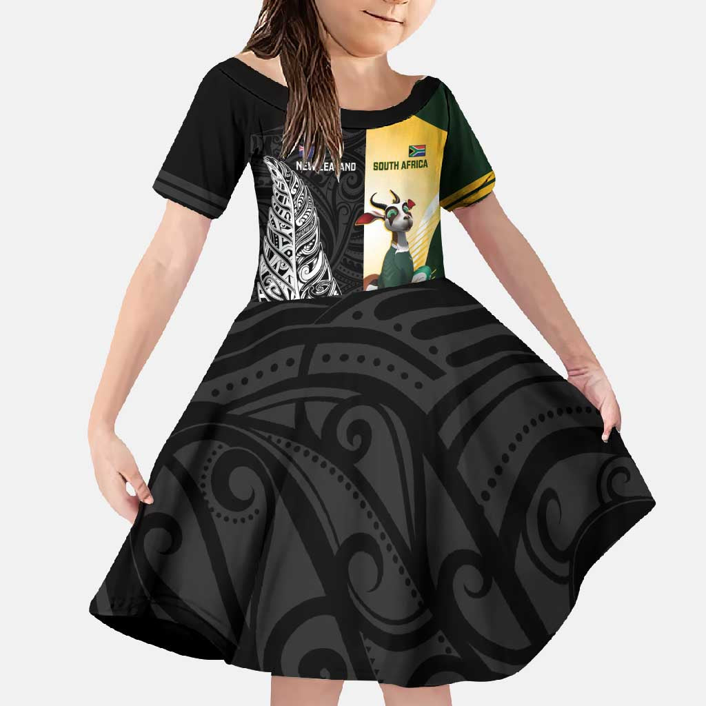 New Zealand and South Africa Rugby Custom Family Matching Summer Maxi Dress and Hawaiian Shirt Maori Silver Fern Springbok Together - Aussie Hoodie