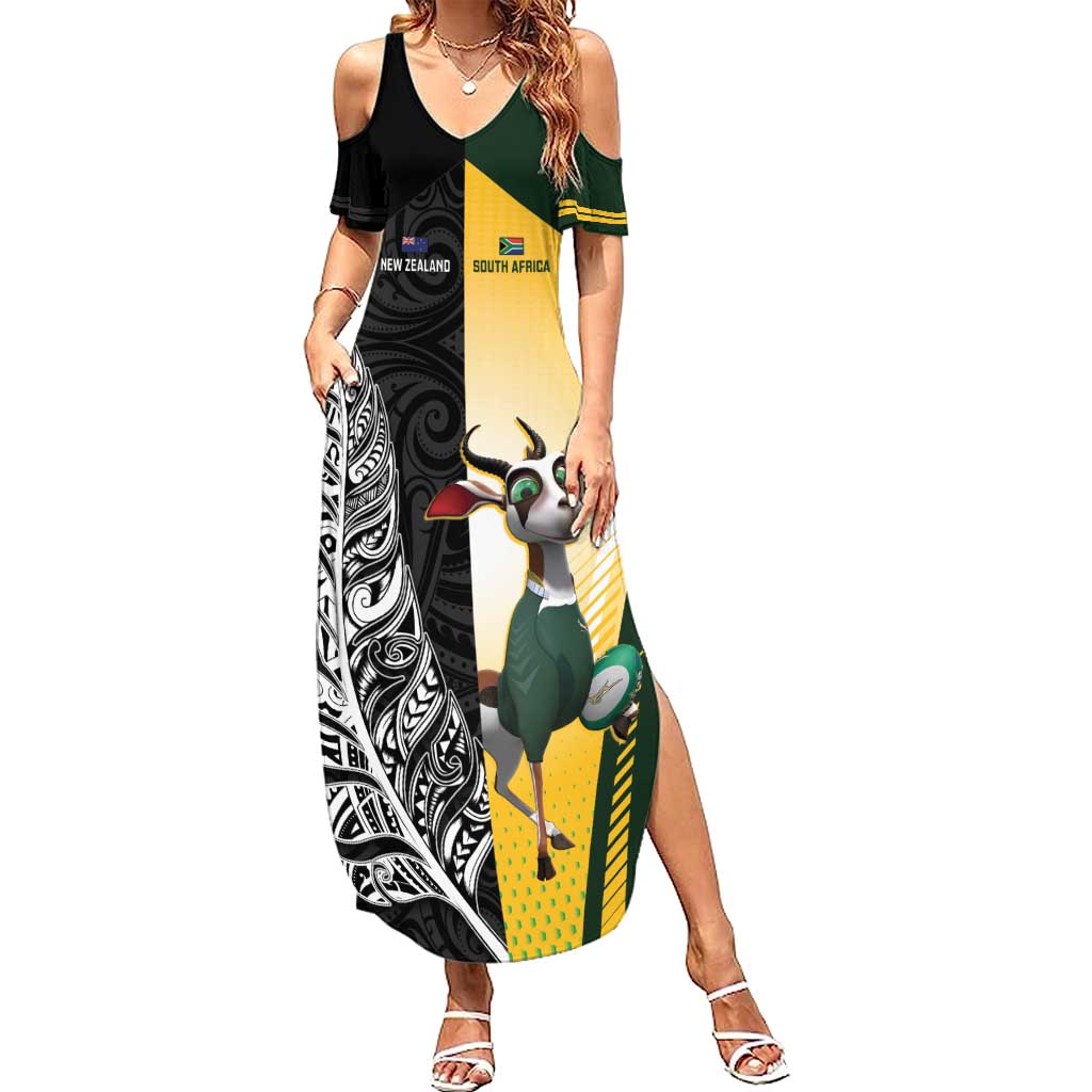 New Zealand and South Africa Rugby Custom Family Matching Summer Maxi Dress and Hawaiian Shirt Maori Silver Fern Springbok Together - Aussie Hoodie