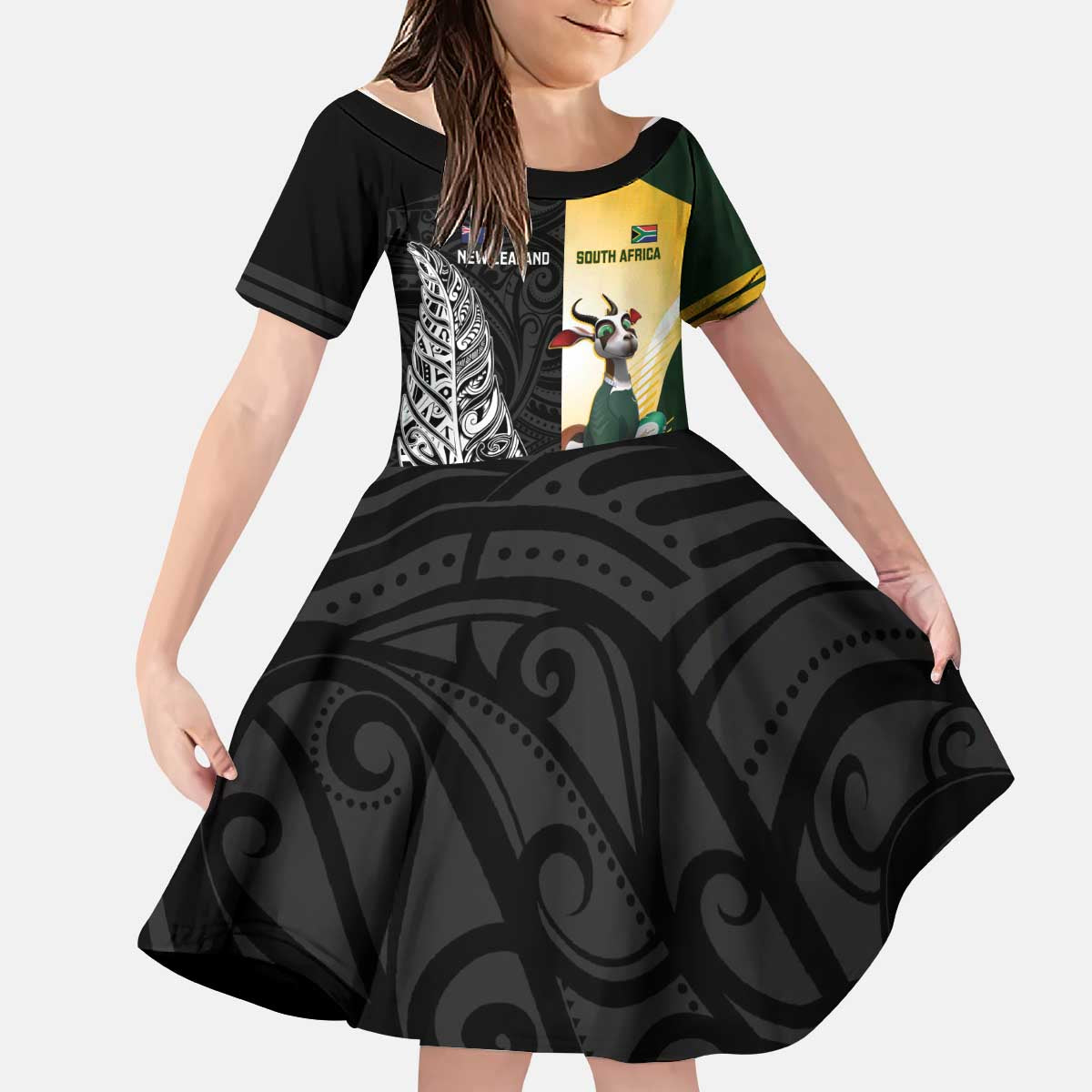 New Zealand and South Africa Rugby Custom Kid Short Sleeve Dress Maori Silver Fern Springbok Together - Aussie Hoodie