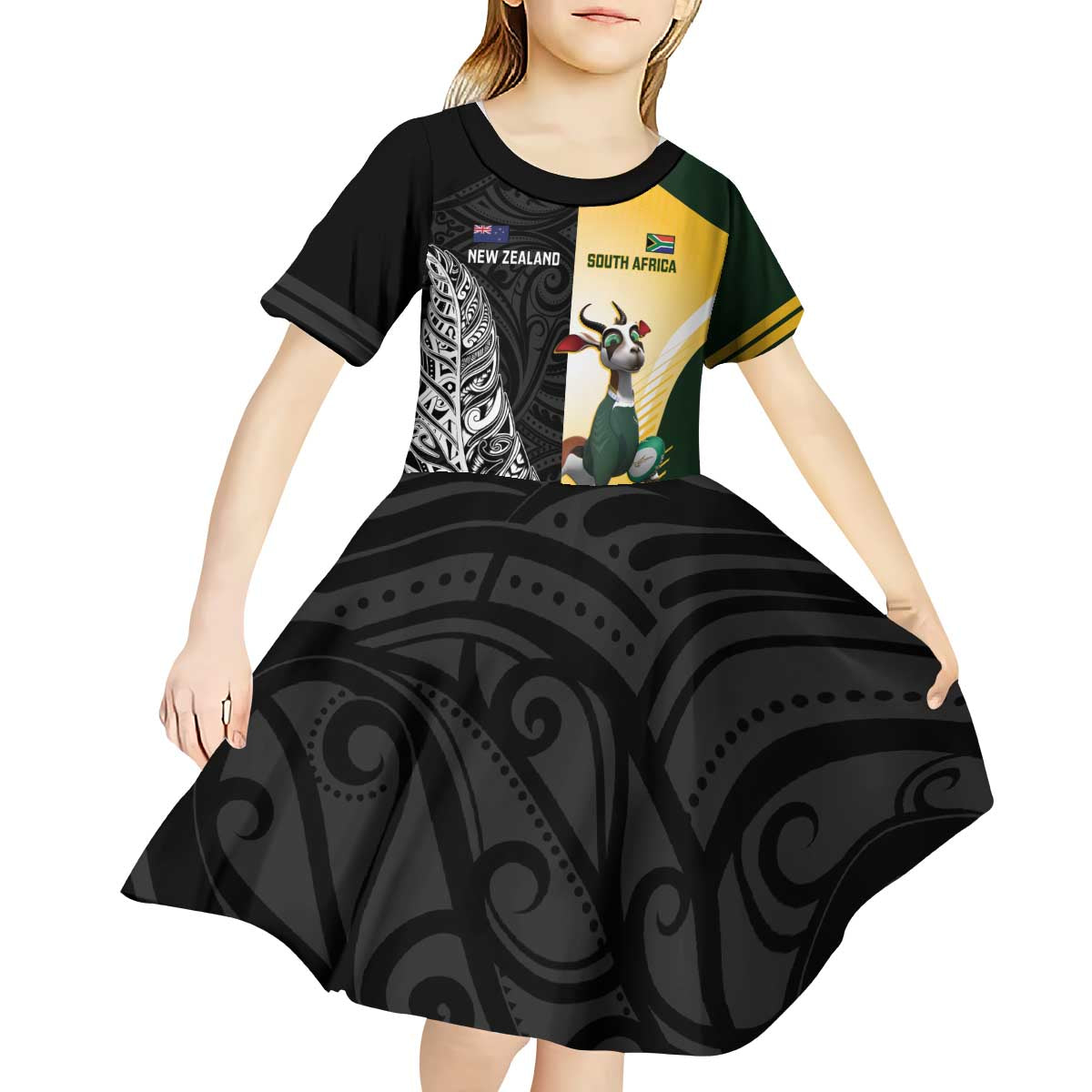 New Zealand and South Africa Rugby Custom Kid Short Sleeve Dress Maori Silver Fern Springbok Together - Aussie Hoodie