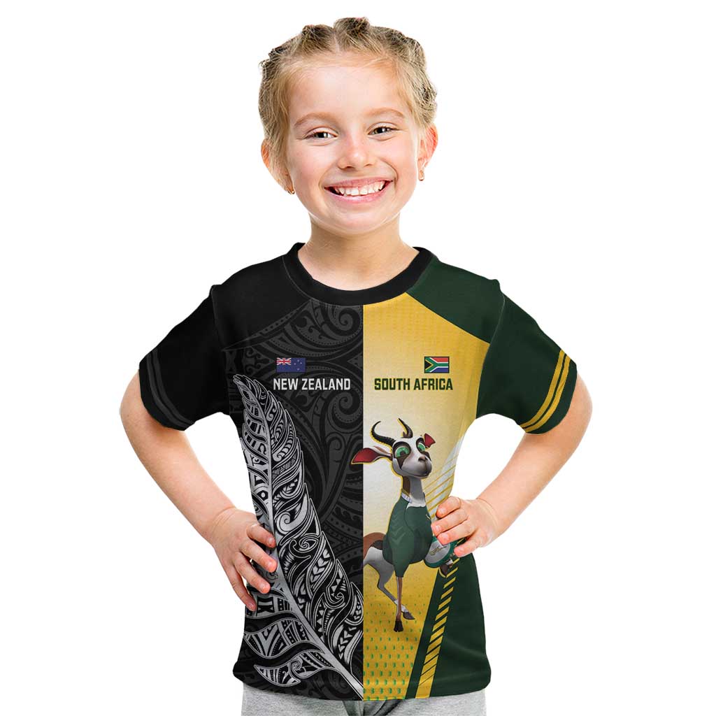 New Zealand and South Africa Rugby Custom Kid T Shirt Maori Silver Fern Springbok Together - Aussie Hoodie