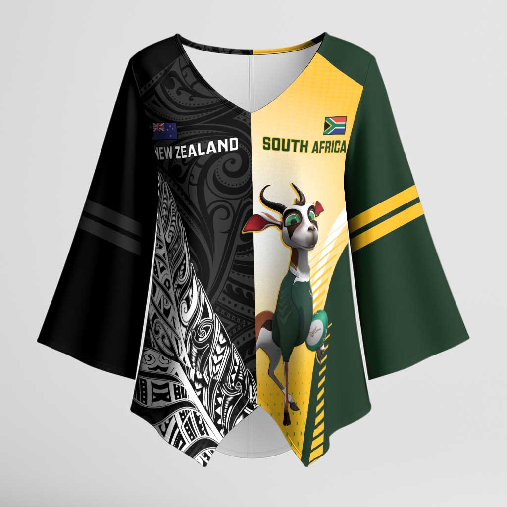 New Zealand and South Africa Rugby Custom Kimono Sleeve Blouse Maori Silver Fern Springbok Together - Aussie Hoodie