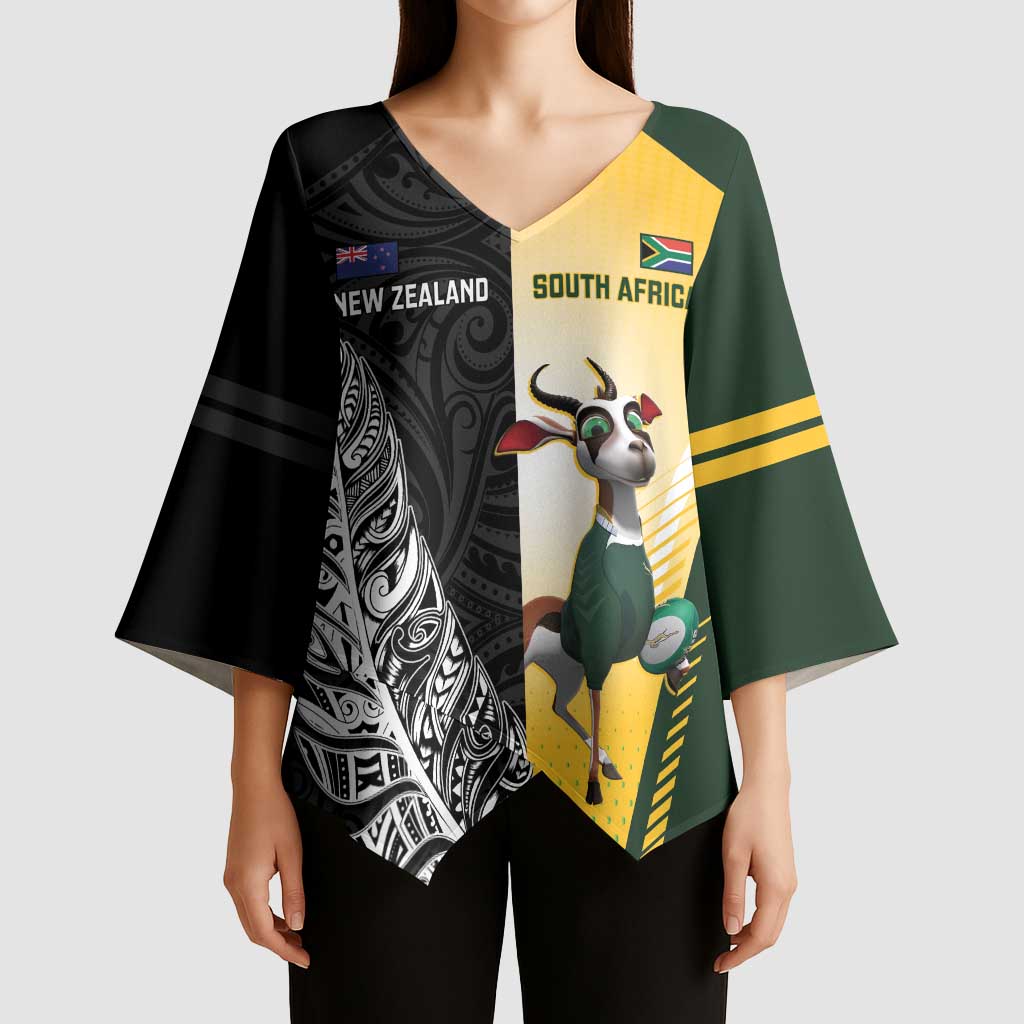New Zealand and South Africa Rugby Custom Kimono Sleeve Blouse Maori Silver Fern Springbok Together - Aussie Hoodie