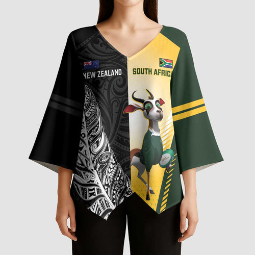 New Zealand and South Africa Rugby Custom Kimono Sleeve Blouse Maori Silver Fern Springbok Together - Aussie Hoodie