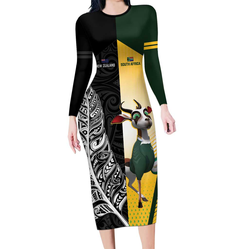 New Zealand and South Africa Rugby Custom Long Sleeve Bodycon Dress Maori Silver Fern Springbok Together - Aussie Hoodie