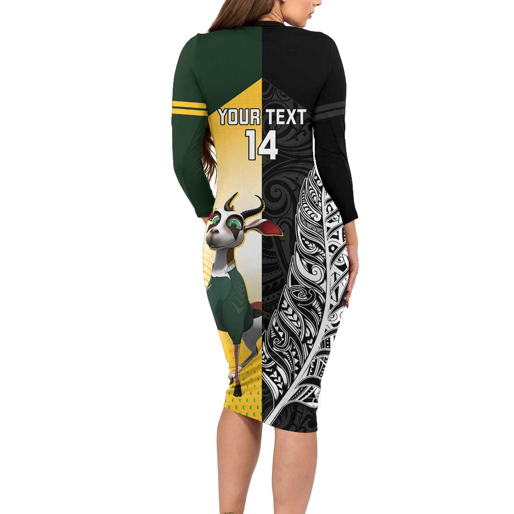 New Zealand and South Africa Rugby Custom Long Sleeve Bodycon Dress Maori Silver Fern Springbok Together - Aussie Hoodie