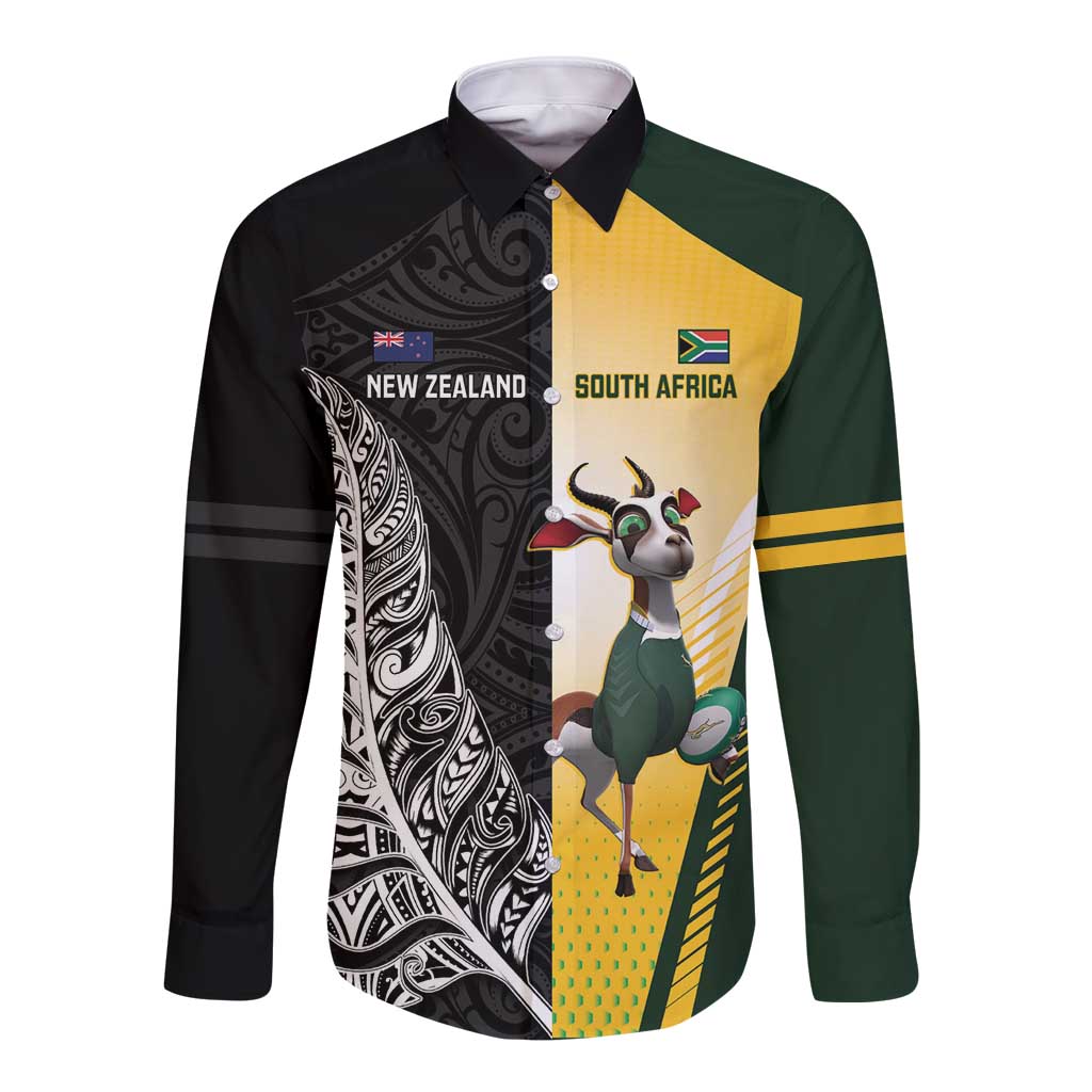 New Zealand and South Africa Rugby Custom Long Sleeve Button Shirt Maori Silver Fern Springbok Together - Aussie Hoodie