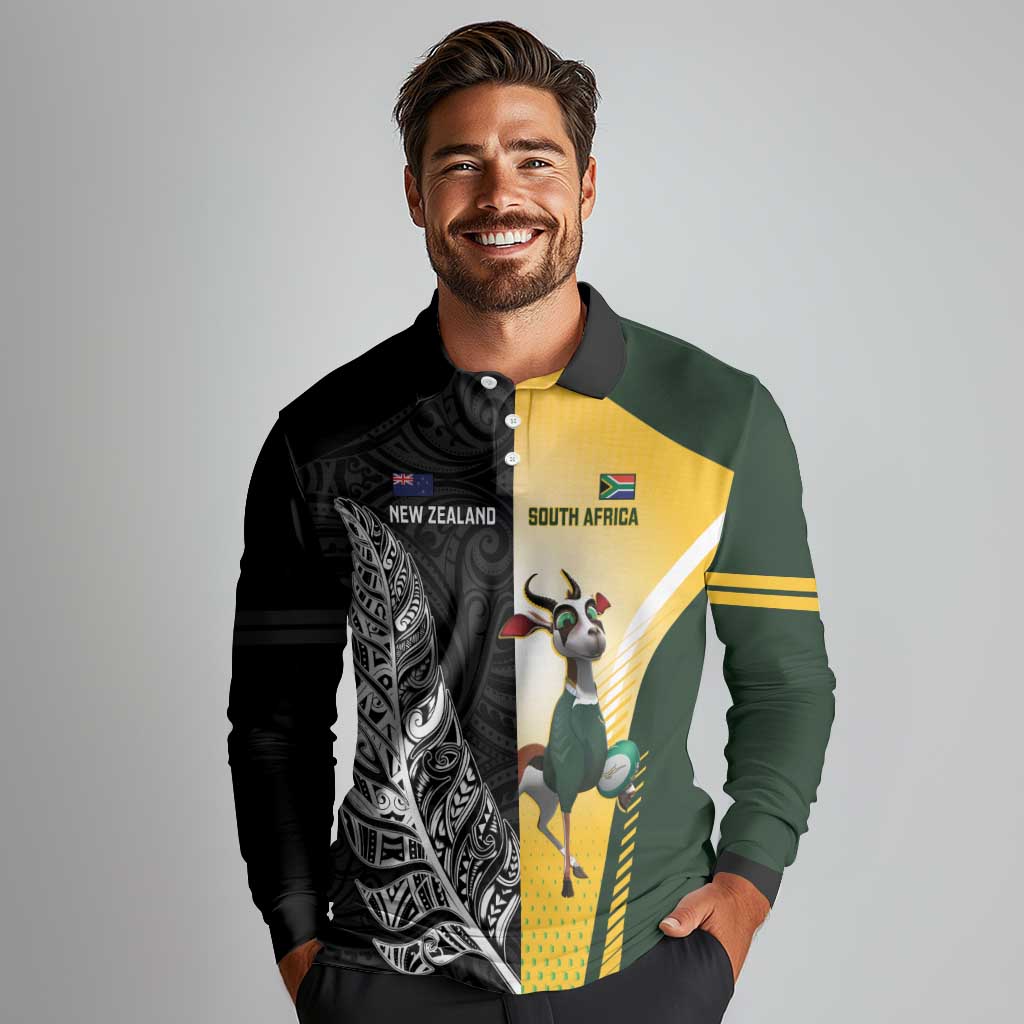 New Zealand and South Africa Rugby Custom Long Sleeve Polo Shirt Maori Silver Fern Springbok Together - Aussie Hoodie