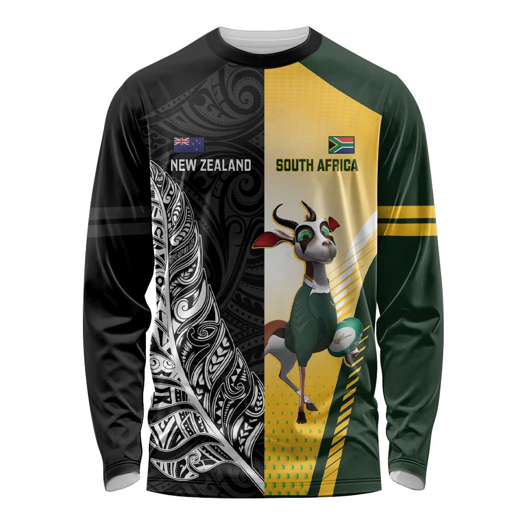 New Zealand and South Africa Rugby Custom Long Sleeve Shirt Maori Silver Fern Springbok Together - Aussie Hoodie