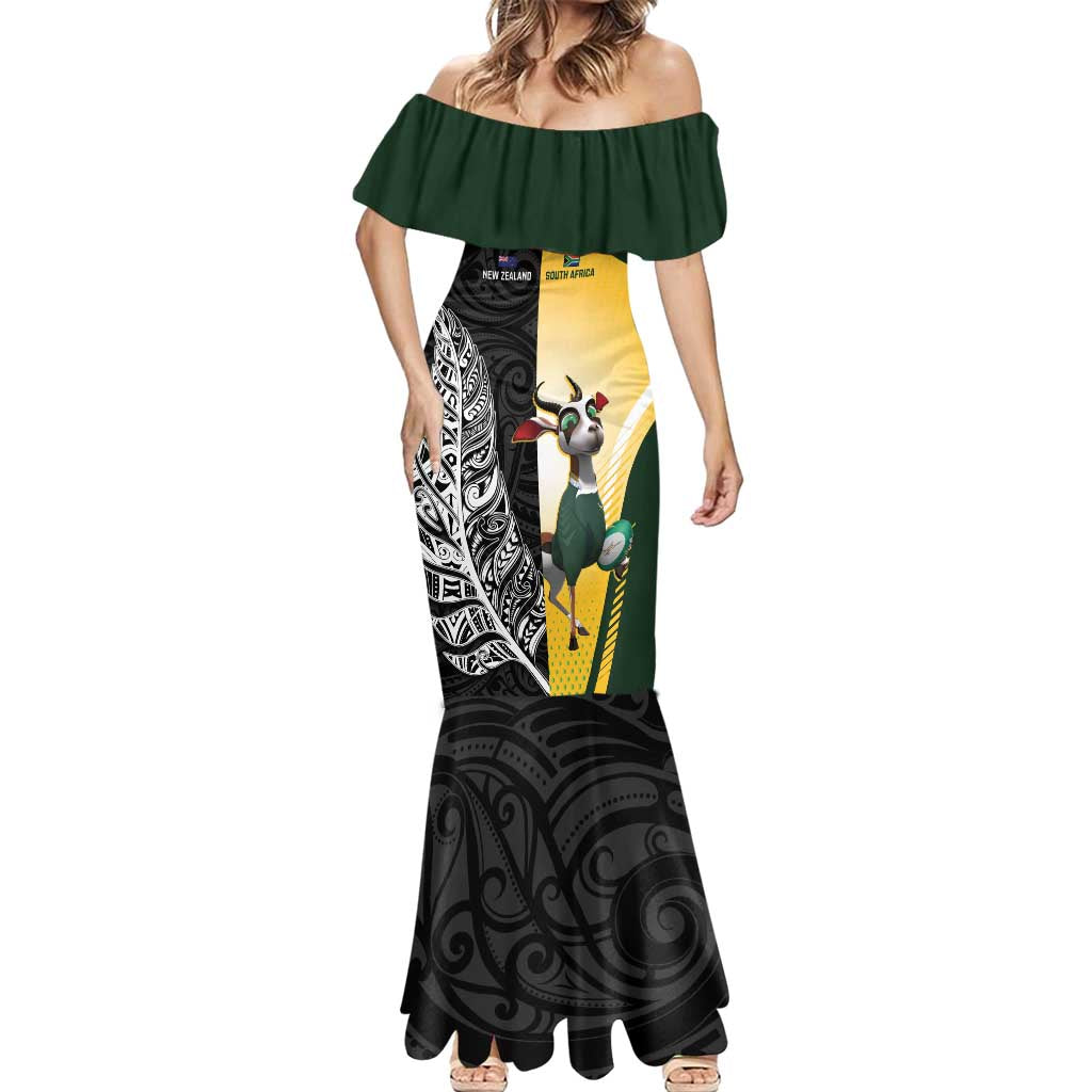 New Zealand and South Africa Rugby Custom Mermaid Dress Maori Silver Fern Springbok Together - Aussie Hoodie