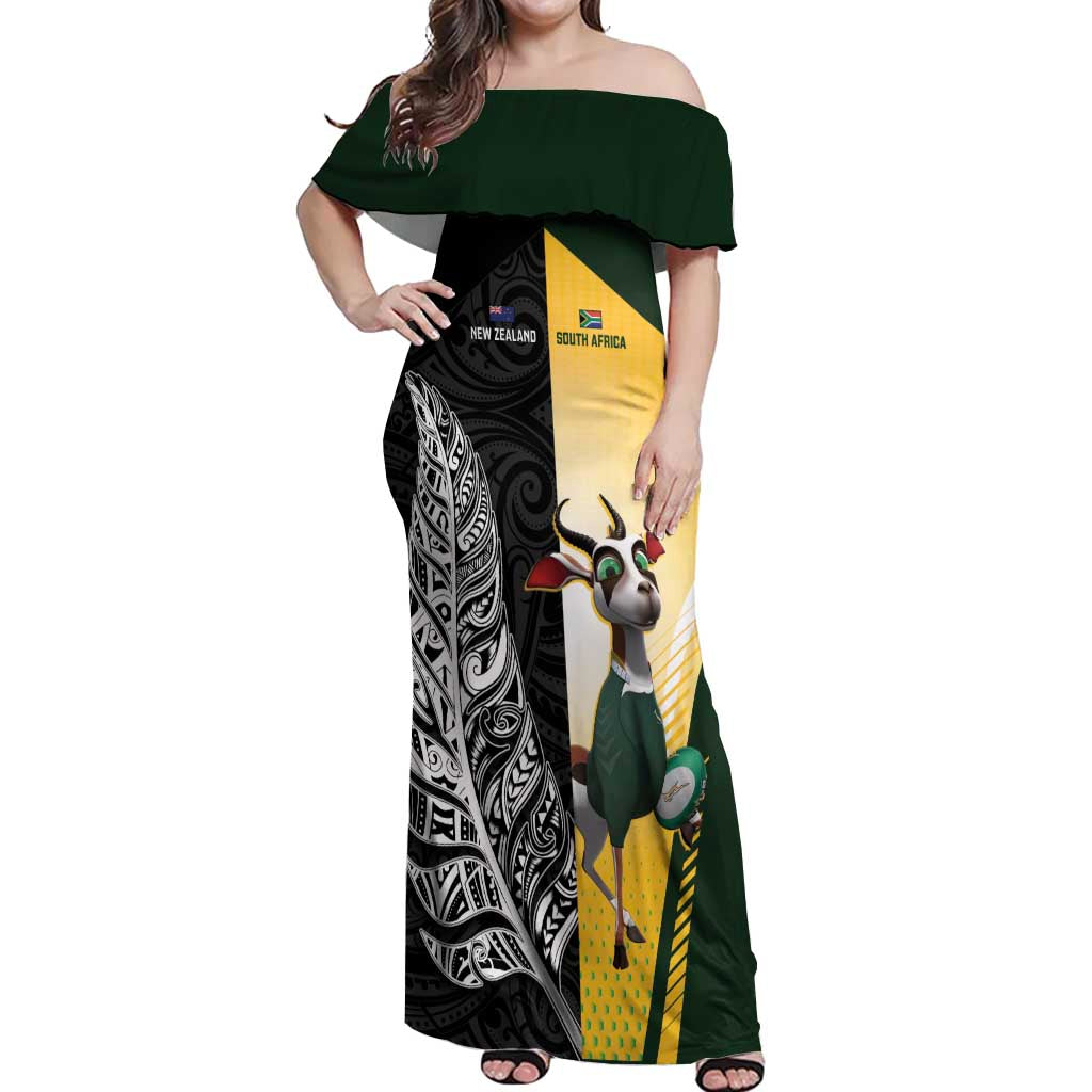 New Zealand and South Africa Rugby Custom Off Shoulder Maxi Dress Maori Silver Fern Springbok Together - Aussie Hoodie