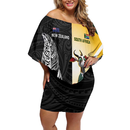New Zealand and South Africa Rugby Custom Off Shoulder Short Dress Maori Silver Fern Springbok Together - Aussie Hoodie