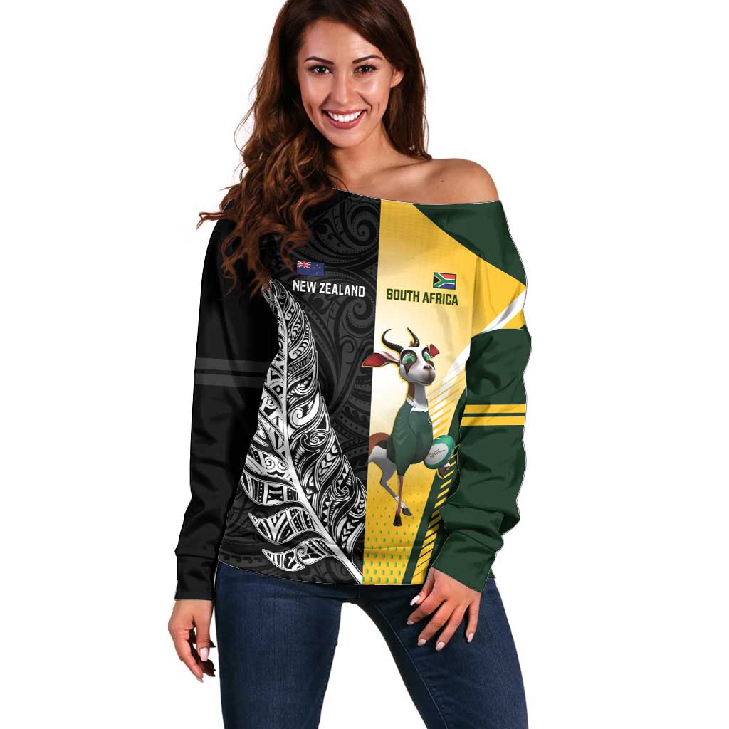 New Zealand and South Africa Rugby Custom Off Shoulder Sweater Maori Silver Fern Springbok Together - Aussie Hoodie