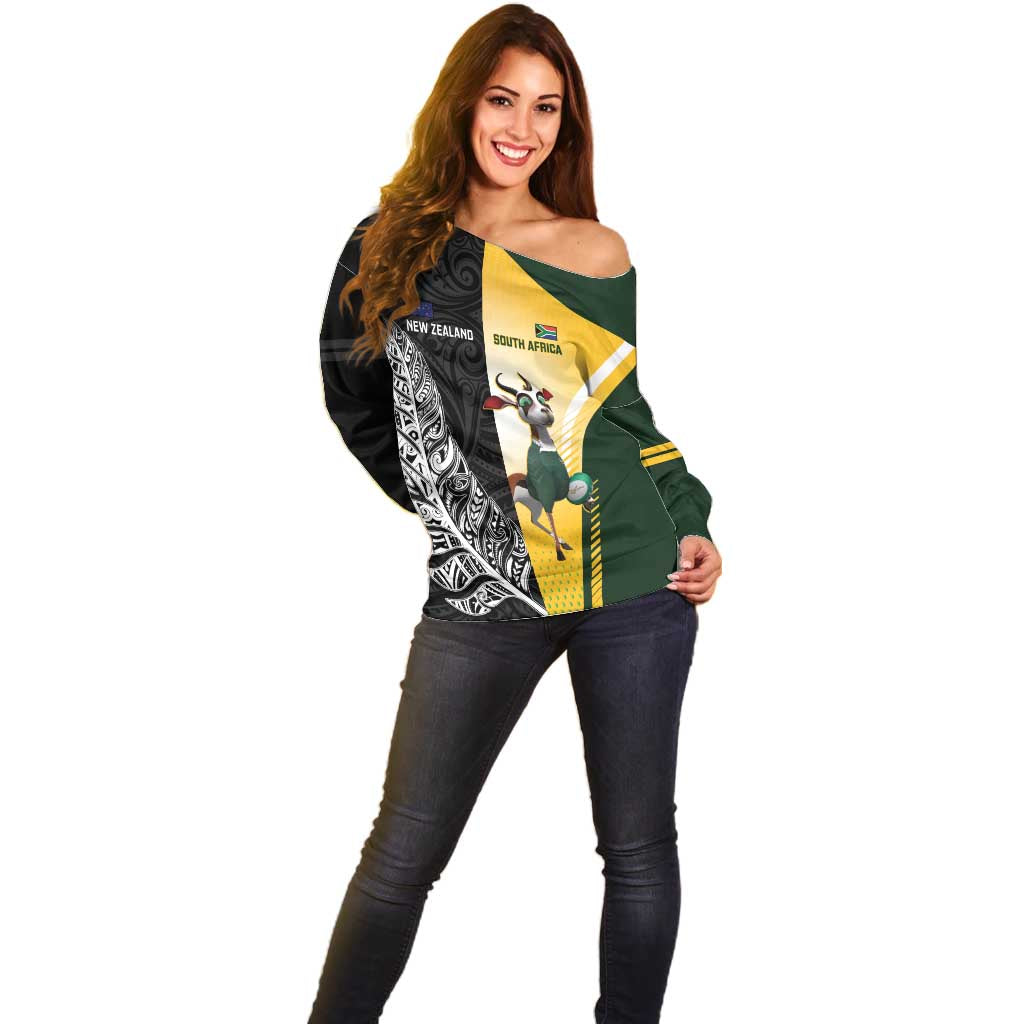 New Zealand and South Africa Rugby Custom Off Shoulder Sweater Maori Silver Fern Springbok Together - Aussie Hoodie