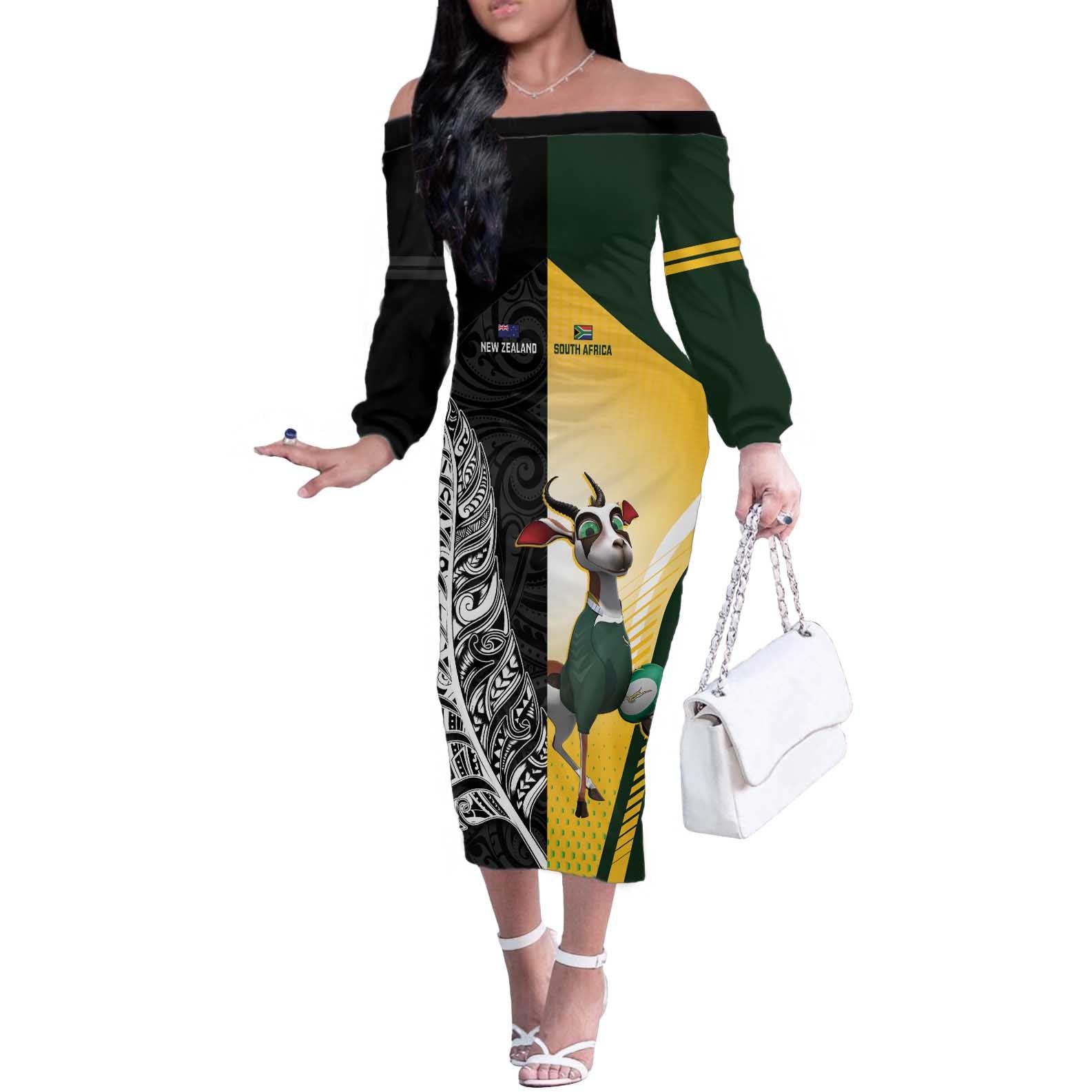 New Zealand and South Africa Rugby Custom Off The Shoulder Long Sleeve Dress Maori Silver Fern Springbok Together - Aussie Hoodie