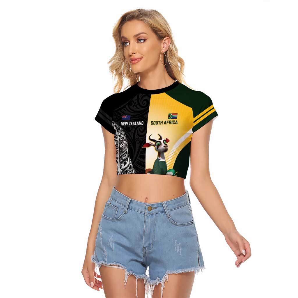 New Zealand and South Africa Rugby Custom Raglan Cropped T Shirt Maori Silver Fern Springbok Together - Aussie Hoodie