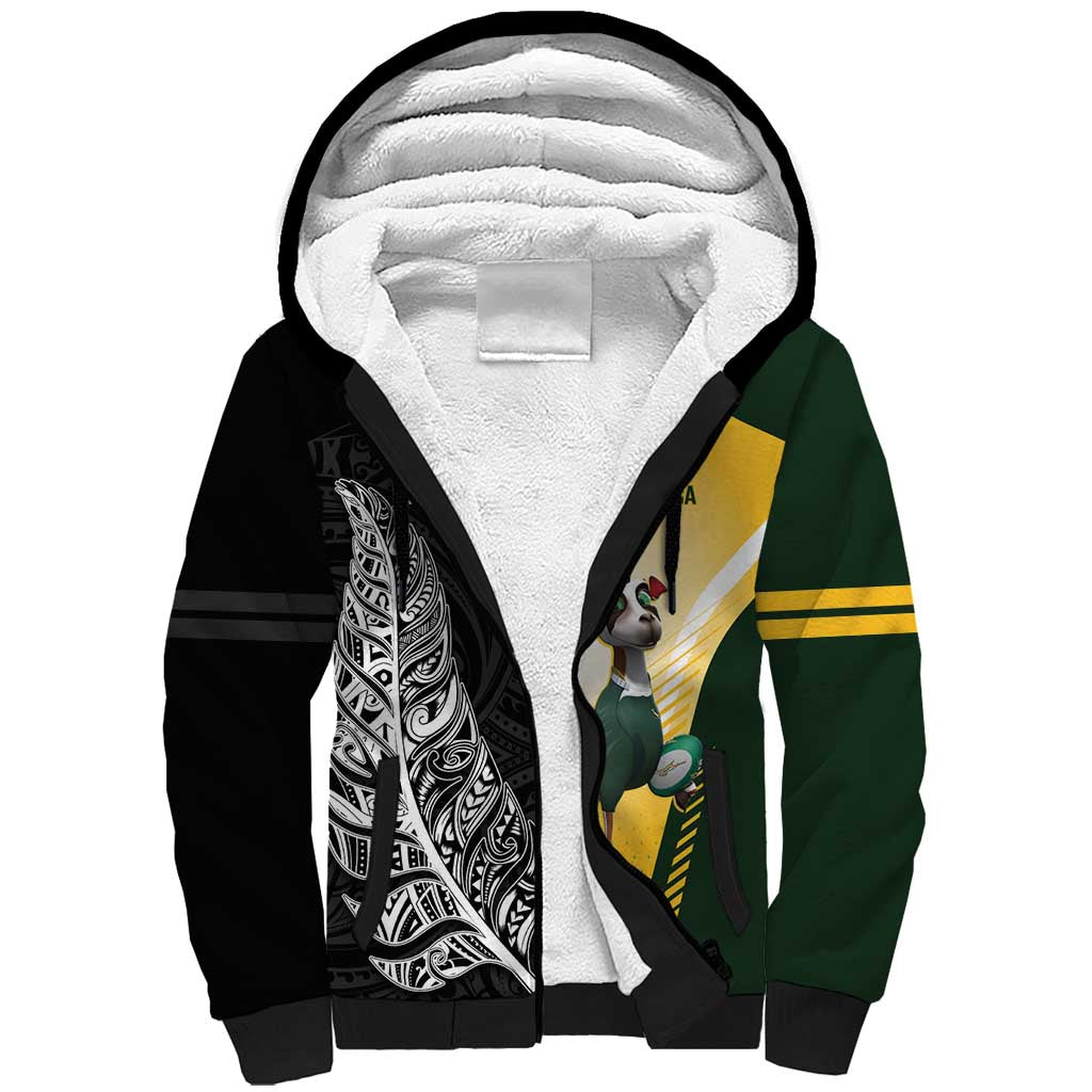 New Zealand and South Africa Rugby Custom Sherpa Hoodie Maori Silver Fern Springbok Together - Aussie Hoodie