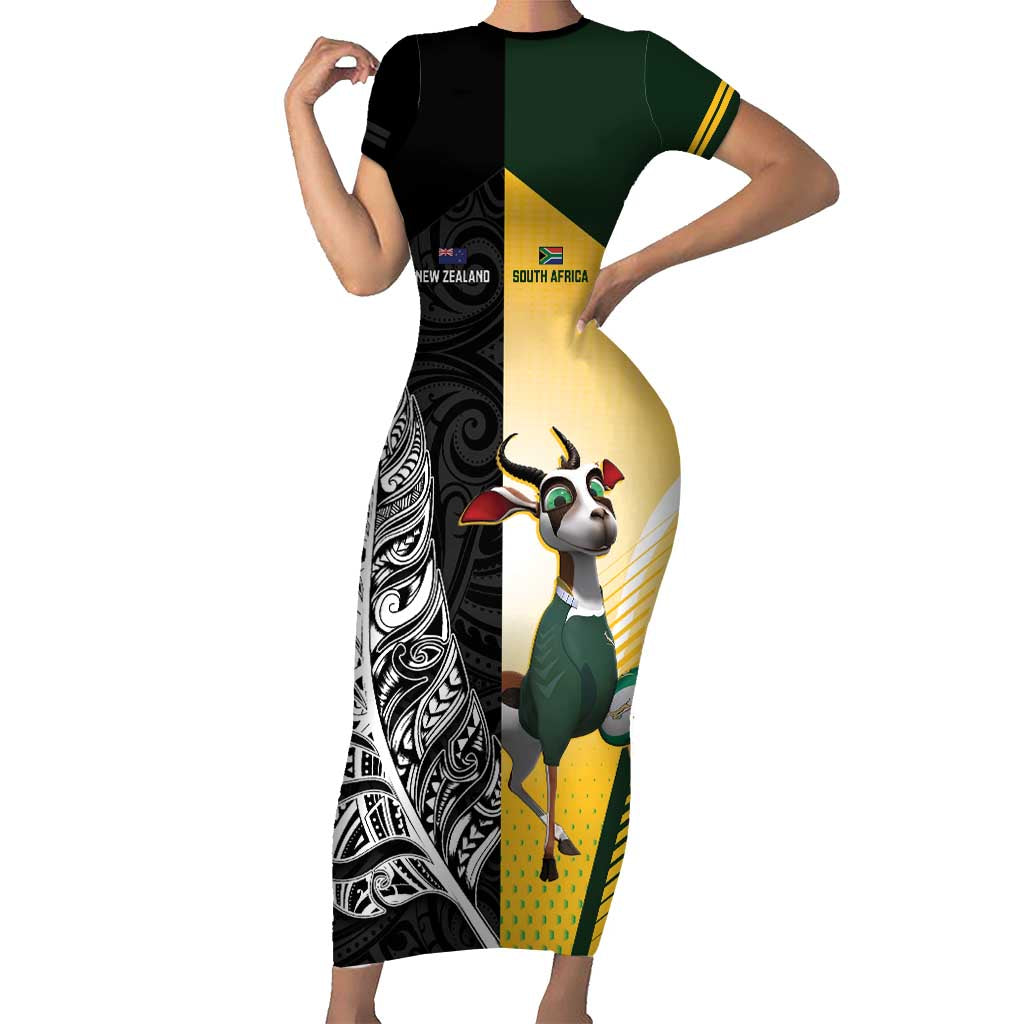 New Zealand and South Africa Rugby Custom Short Sleeve Bodycon Dress Maori Silver Fern Springbok Together - Aussie Hoodie
