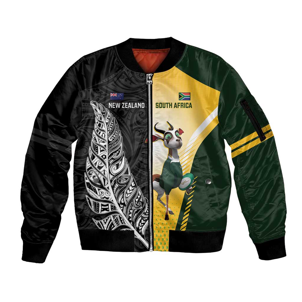New Zealand and South Africa Rugby Custom Sleeve Zip Bomber Jacket Maori Silver Fern Springbok Together - Aussie Hoodie