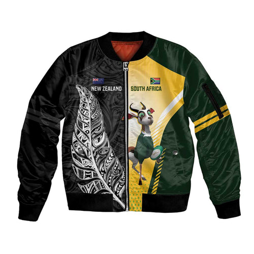 New Zealand and South Africa Rugby Custom Sleeve Zip Bomber Jacket Maori Silver Fern Springbok Together - Aussie Hoodie