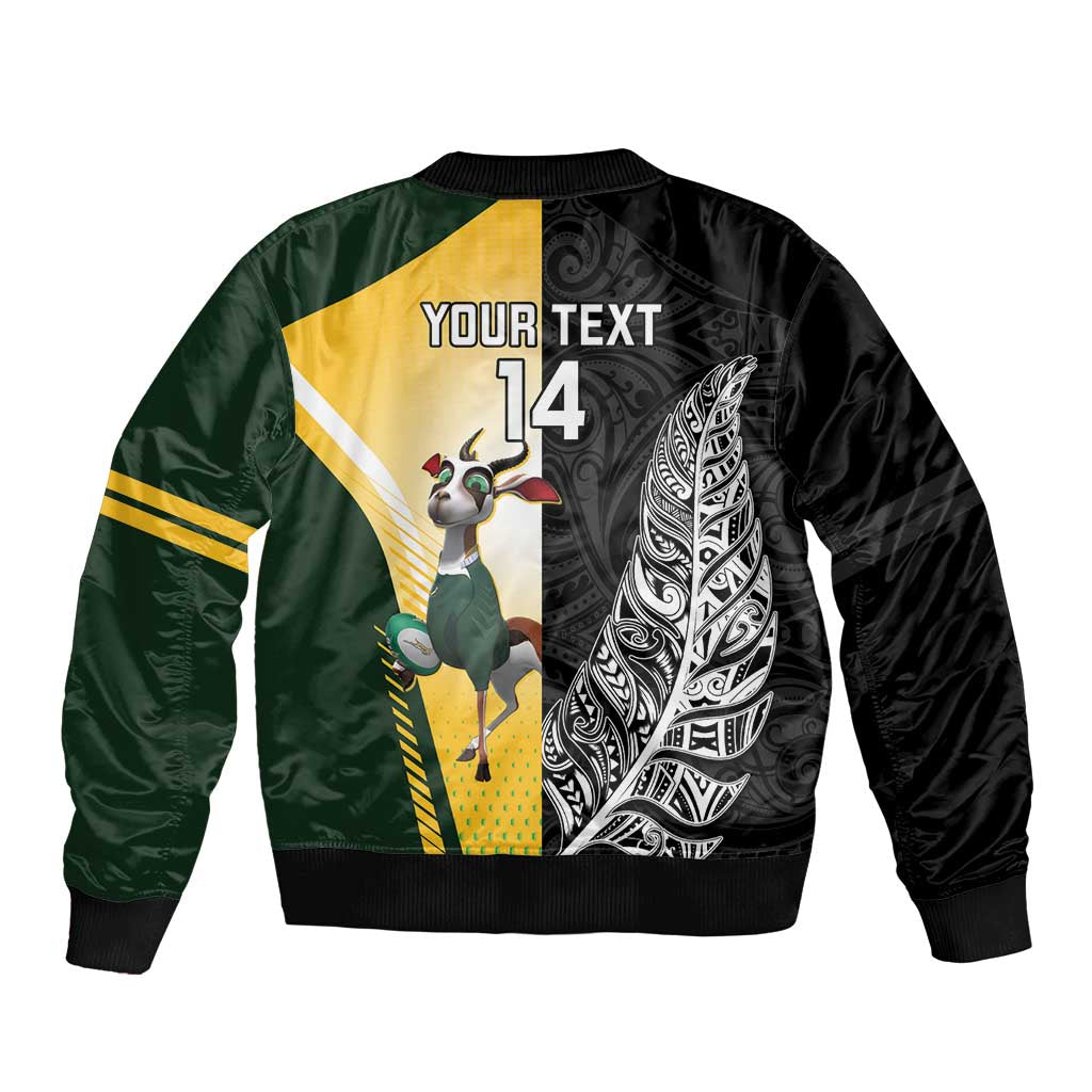 New Zealand and South Africa Rugby Custom Sleeve Zip Bomber Jacket Maori Silver Fern Springbok Together - Aussie Hoodie