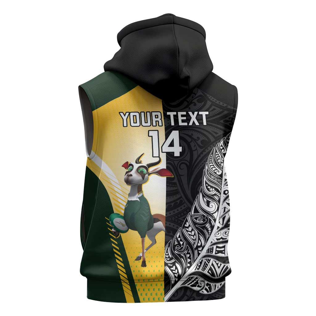 New Zealand and South Africa Rugby Custom Sleeveless Hoodie Maori Silver Fern Springbok Together - Aussie Hoodie