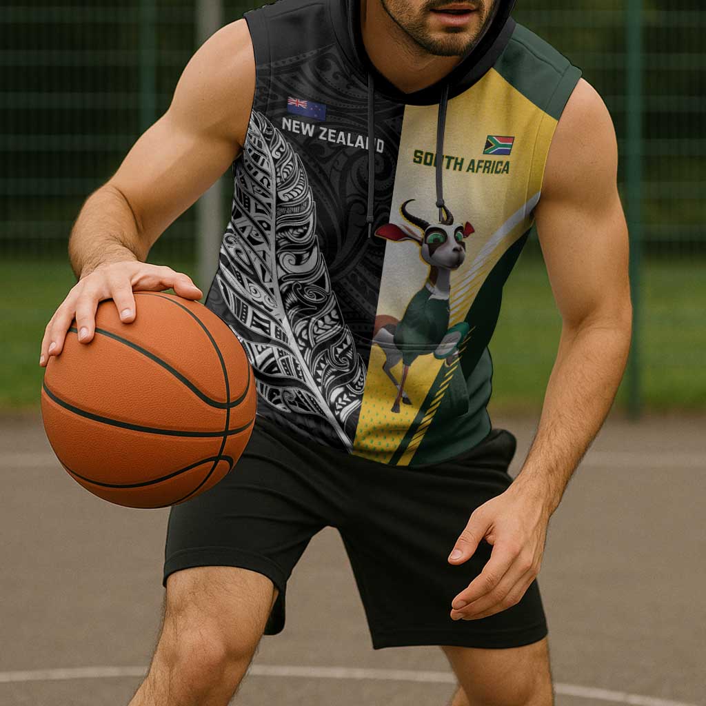 New Zealand and South Africa Rugby Custom Sleeveless Hoodie Maori Silver Fern Springbok Together - Aussie Hoodie